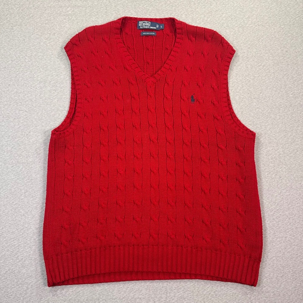 Polo Ralph Lauren 100% Pima Cotton Cable Knit Sweater Vest Mens L Red V-Neck EUC